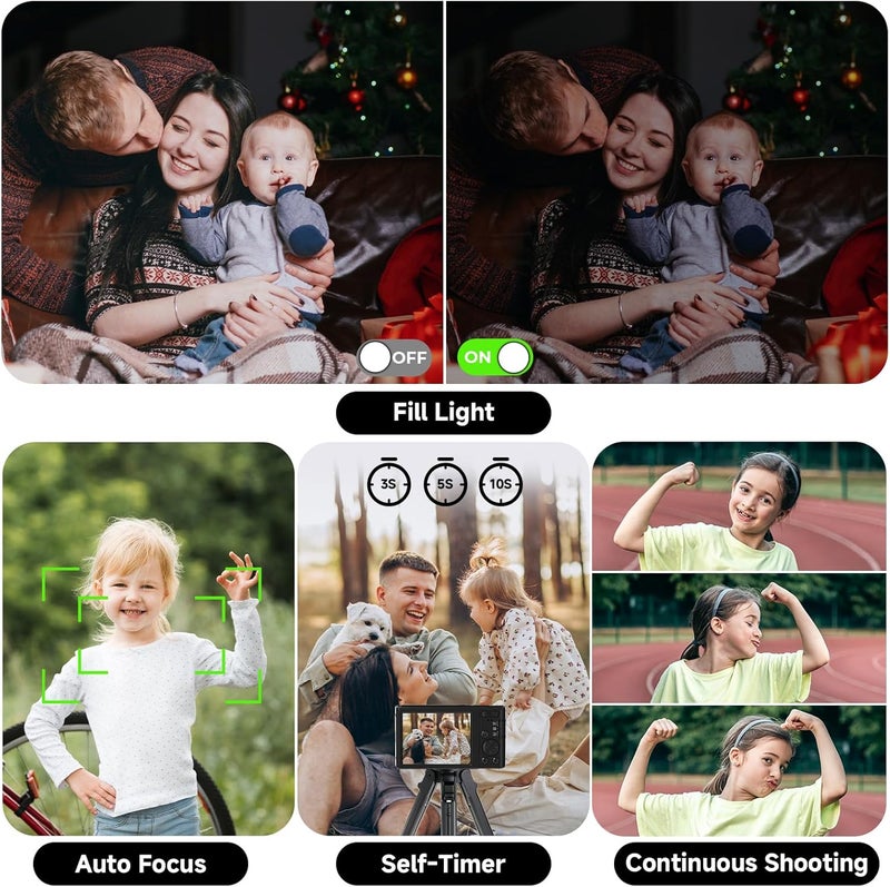 ceye Digital Camera, FHD 4K 44MP Digital Camera, 16X Digital Zoom, Digital Point and Shoot Camera with 3-LED Fill Lights, 64GB SD Card, Compact Camera for Kids Teen Boys Girls, Black - Image 4